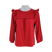 J. Crew Women's Red Smocked Ruffle Shoulder Blouse Size M Front View