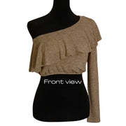 Front view of Acemi one shoulder cropped sweater, long sleeve, ruffled top and elastic waist.